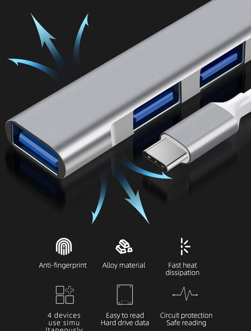 4-Port USB-C Hub Splitter for PC, Mac, MacBook Pro & iPad - Fast USB 3.0 Connectivity