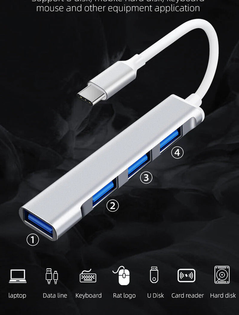 4-Port USB-C Hub Splitter for PC, Mac, MacBook Pro & iPad - Fast USB 3.0 Connectivity