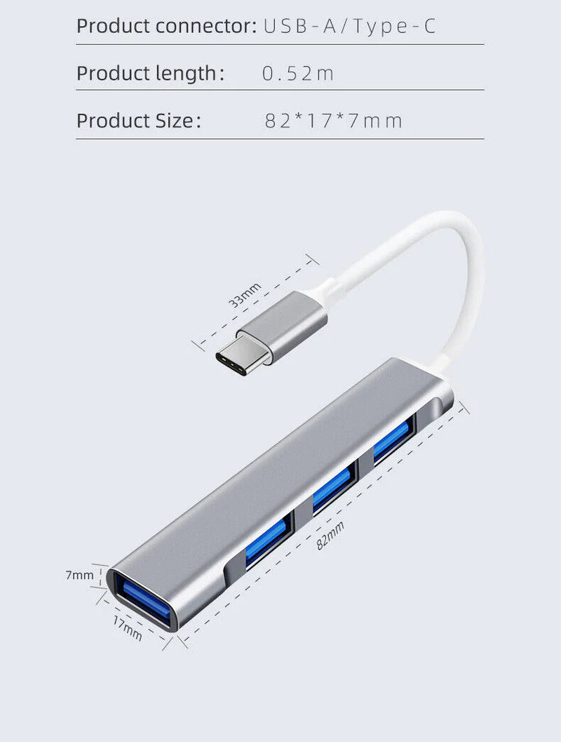 4-Port USB-C Hub Splitter for PC, Mac, MacBook Pro & iPad - Fast USB 3.0 Connectivity