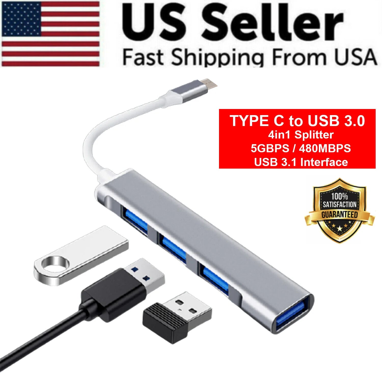 4-Port USB-C Hub Splitter for PC, Mac, MacBook Pro & iPad - Fast USB 3.0 Connectivity